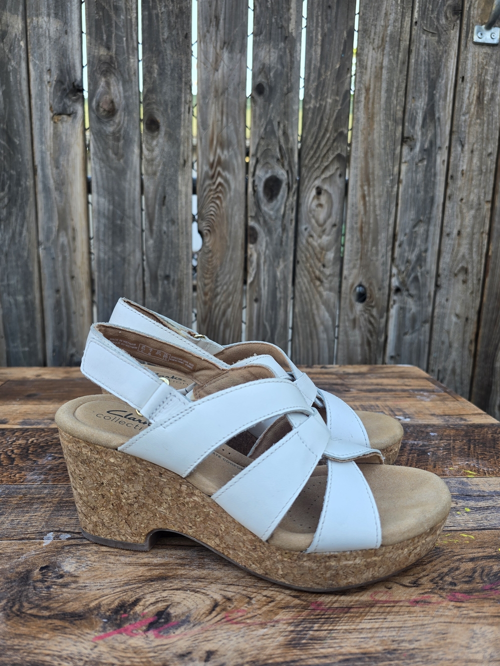 Clarks White Leather Cork Beach Slingback Wedge Sandals Size 6